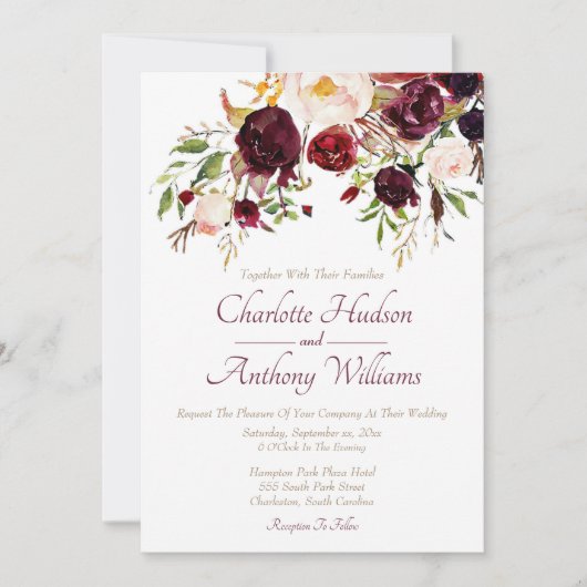 Deep Burgundy Floral Wedding Einladung (Vorderseite)