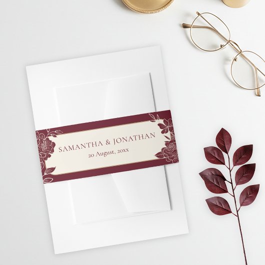 Deep Burgundy Floral Wedding Invitation Belly Band