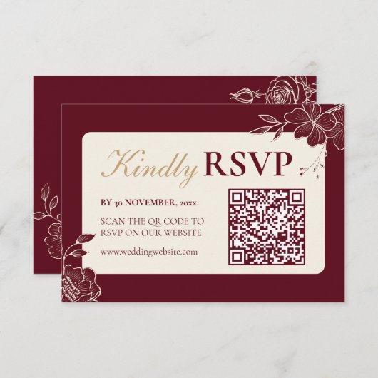 Deep Burgundy Floral Wedding RSVP with QR Code (Vorne/Hinten)