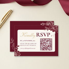 Deep Burgundy Floral Wedding RSVP with QR Code Karte