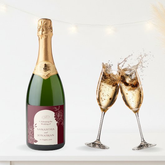 Deep Burgundy Floral with Ivory Arch Wedding Schaumweinetikett