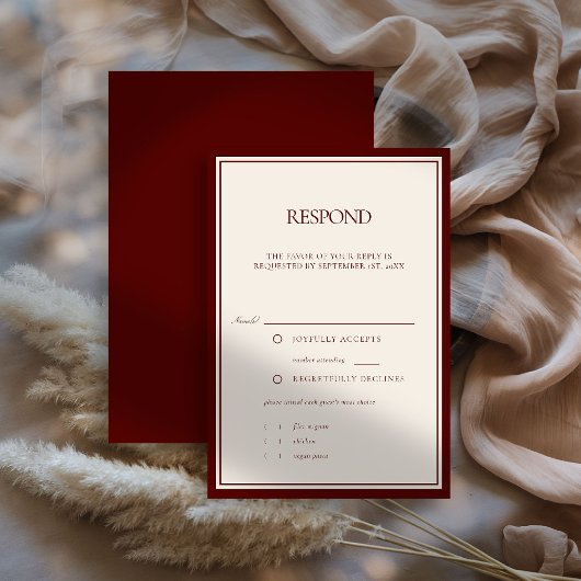 Deep Burgundy Formal Modern Classic Estate Wedding RSVP Karte