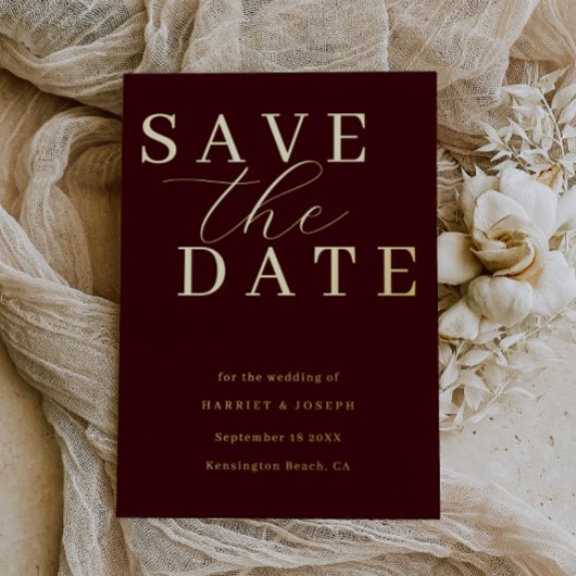 Deep Burgundy & Gold Foil Wedding Save The Date Folieneinladung