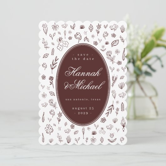 Deep Burgundy Hand Drawn Flowers Spring Wedding Save The Date (Stehend Vorderseite)