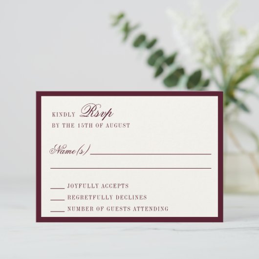 Deep Burgundy Ivory QR Code Wedding RSVP Card (Stehend Vorderseite)