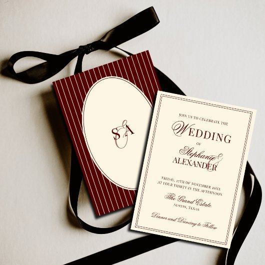 Deep Burgundy Ivory Stripe Oval Old Money Wedding  Einladung