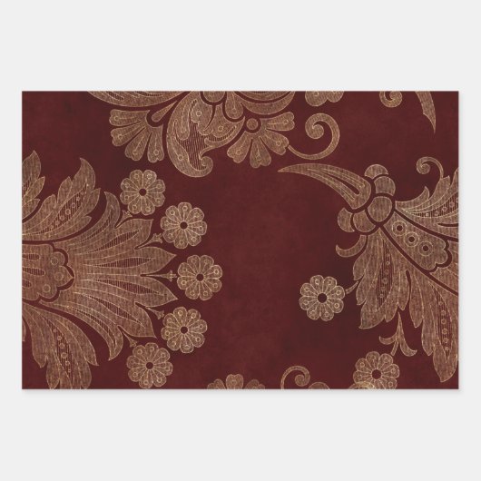 Deep Burgundy Red and Gold Damask Geschenkpapier Set (Vorderseite 3)