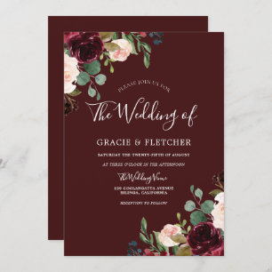 Deep Burgundy Red Wine Blush Bloral Wedding Einladung