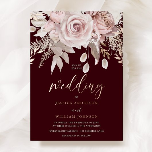 Deep Burgundy & Rose Gold Blush Floral Wedding Folieneinladung