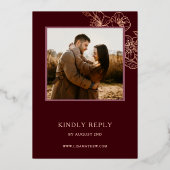 Deep Burgundy Rose Gold Line Art | Photo Wedding Folieneinladung (Rückseite)