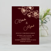 Deep Burgundy Rose Gold Line Art | Photo Wedding Folieneinladung (Stehend vorne)