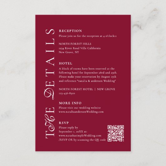 Deep Burgundy Script Qr Code Wedding Details Begleitkarte (Vorderseite)
