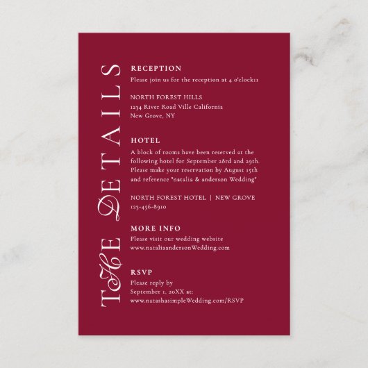 Deep Burgundy Script Wedding Details Begleitkarte (Vorderseite)