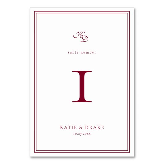 Deep Burgundy Script Wedding Tischnummer (Rückseite)