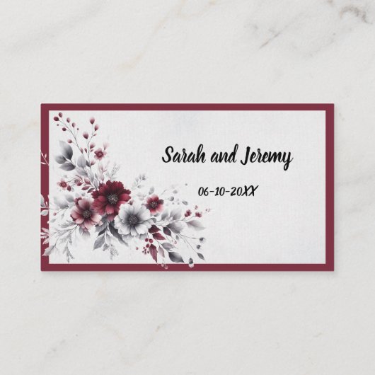 Deep Burgundy Silver Grau Aquarellfarben Blüte Cus Platzkarte (Rückseite)