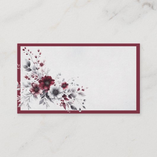 Deep Burgundy Silver Grau Aquarellfarben Blüte Cus Platzkarte (Vorderseite)