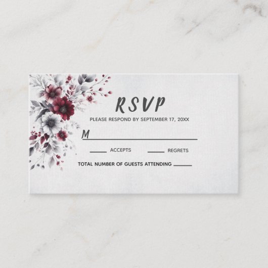 Deep Burgundy Silver Grau Aquarellfarben Blüte Cus Platzkarte (Vorderseite)