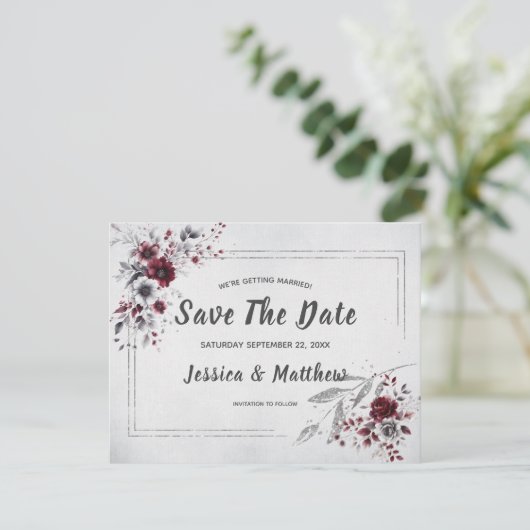 Deep Burgundy Silver Grau Aquarellfarben Blüte Cus Save The Date (Stehend Vorderseite)