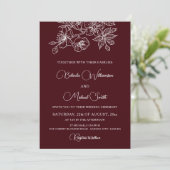 Deep Burgundy White Floral Line Art | Wedding Einladung (Stehend Vorderseite)