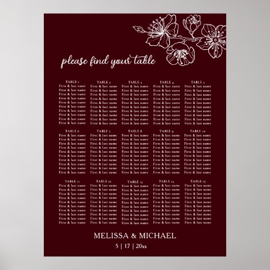 Deep Burgundy White Floral | Wedding Seating Chart Poster (Vorne)