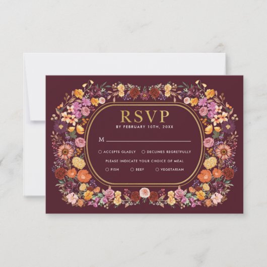 Deep Burgundy Wildblume Wreath weded RSVP Karte (Vorderseite)