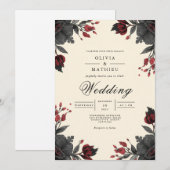 Deep Crimson Floral Corner Wedding Einladung (Vorne/Hinten)