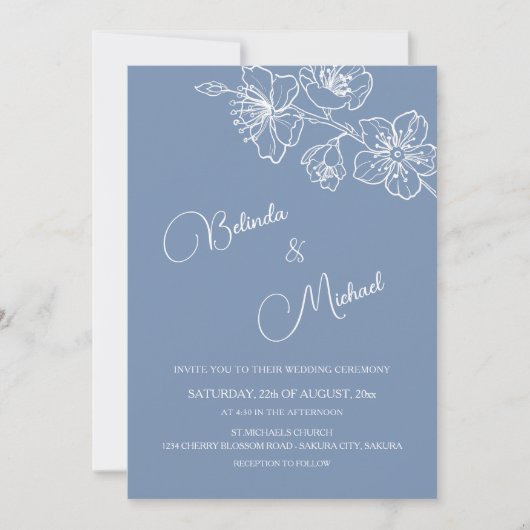 Deep Dusty Blue White Floral | Photo Wedding Einladung (Vorderseite)