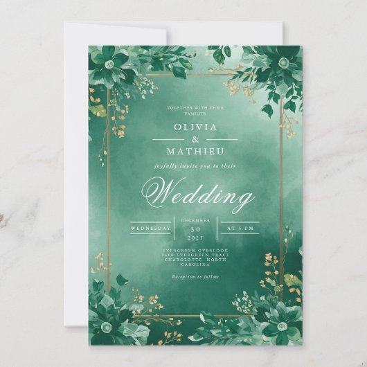 Deep Emerald Botanical Blüh Wedding Einladung (Vorderseite)