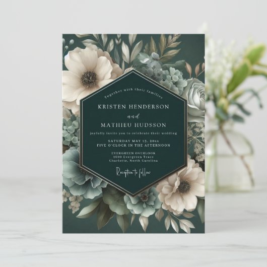 Deep Emerald Floral Bloom Wedding Einladung (Stehend Vorderseite)