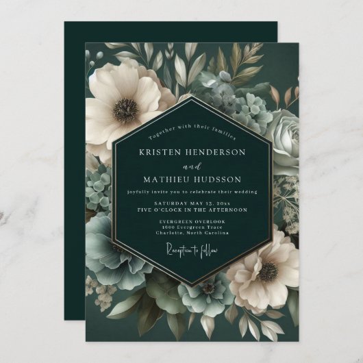 Deep Emerald Floral Bloom Wedding Einladung (Vorne/Hinten)
