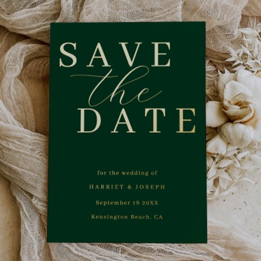 Deep Emerald & Gold Foil Wedding Save The Date Folieneinladung