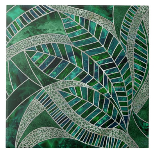 Deep Emerald und Pearl Mosaic Leaf Art Fliese (Vorderseite)