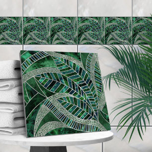 Deep Emerald und Pearl Mosaic Leaf Art Fliese