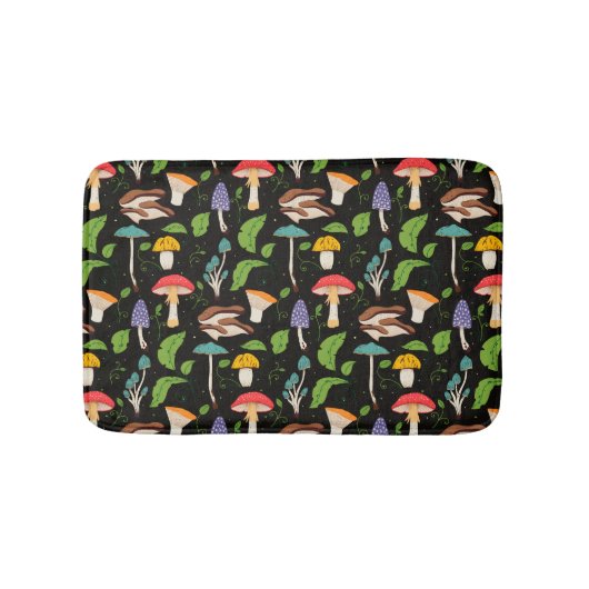 Deep Forest Magic: Colorful Mushrooms on Black Badematte (Vorderseite)