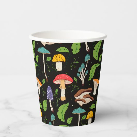 Deep Forest Magic: Colorful Mushrooms on Black Pappbecher (Vorderseite)