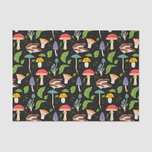 Deep Forest Magic: Colorful Mushrooms on Black Seidenpapier (Vorderseite)