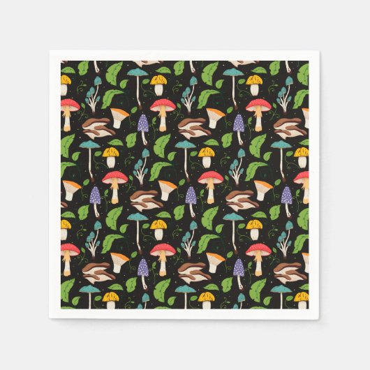 Deep Forest Magic: Colorful Mushrooms on Black Serviette (Vorderseite)
