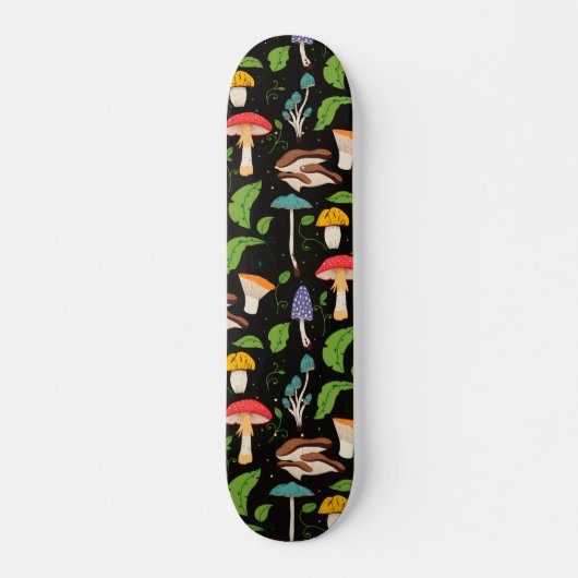 Deep Forest Magic: Colorful Mushrooms on Black Skateboard (Vorne)