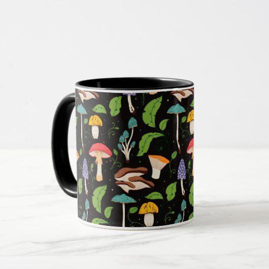 Deep Forest Magic: Colorful Mushrooms on Black Tasse (Vorderseite Links)