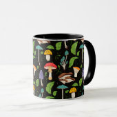 Deep Forest Magic: Colorful Mushrooms on Black Tasse (VorderseiteRechts)