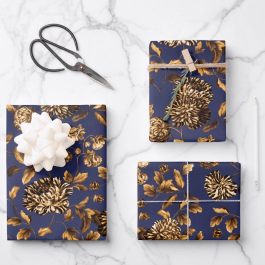 Deep Gold Dahlias Blumenwein auf Navy Blue Ombre Geschenkpapier Set (Vorderseite)