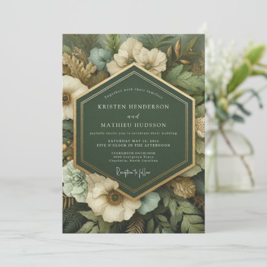 Deep Green Botanical Opulence Wedding Einladung (Stehend Vorderseite)