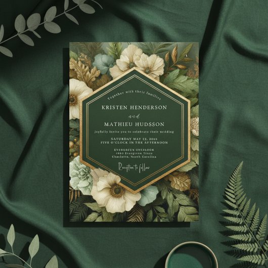 Deep Green Botanical Opulence Wedding Einladung