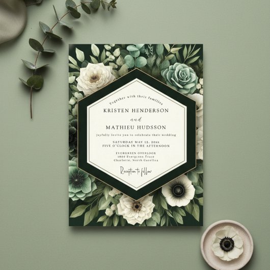 Deep Green Botanical Romance Wedding Einladung
