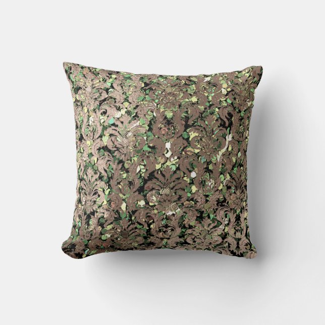Deep Green Damask Skinny Glas Blush Sequin Bronze Kissen (Vorderseite)