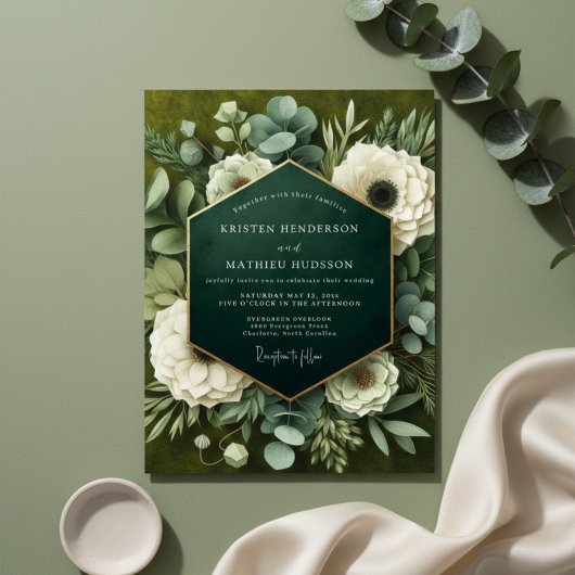 Deep Green Floral Opulence Wedding Einladung