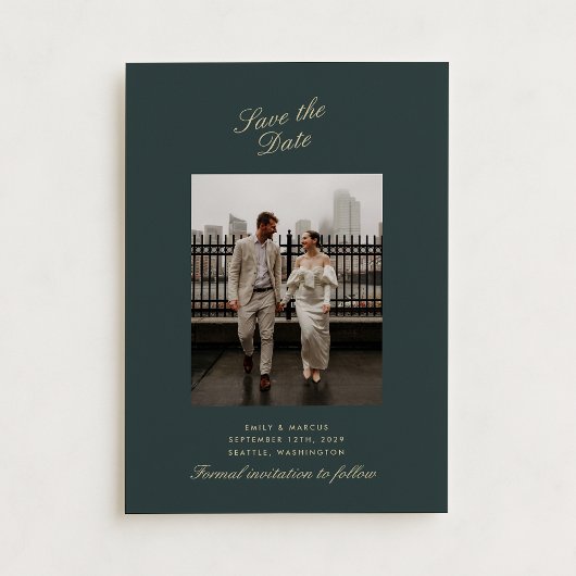 Deep green , Gold Foto Hochzeitkarte Save the Date Einladung