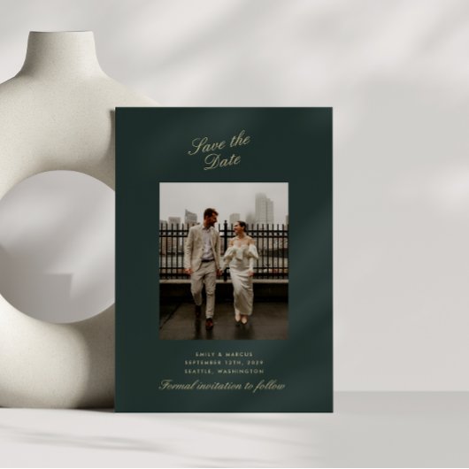 Deep green , Gold Foto Hochzeitkarte Save the Date Einladung