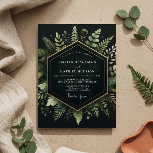 Deep Green Woodland Bloom Wedding Einladung