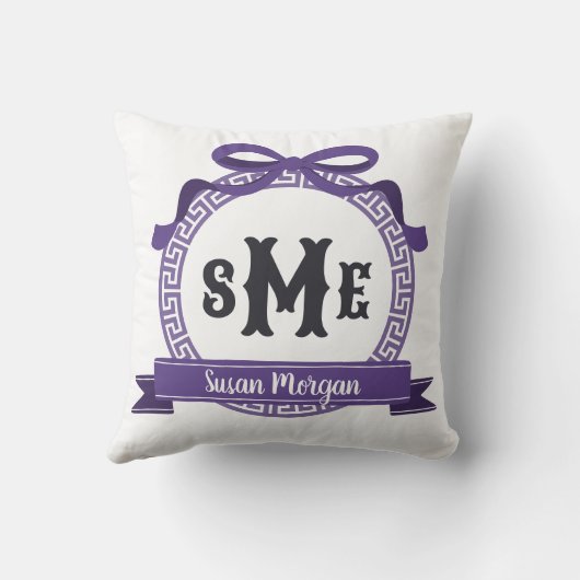 Deep Heather Lila griechischer Key Bow Monogramm Kissen (Rückseite)